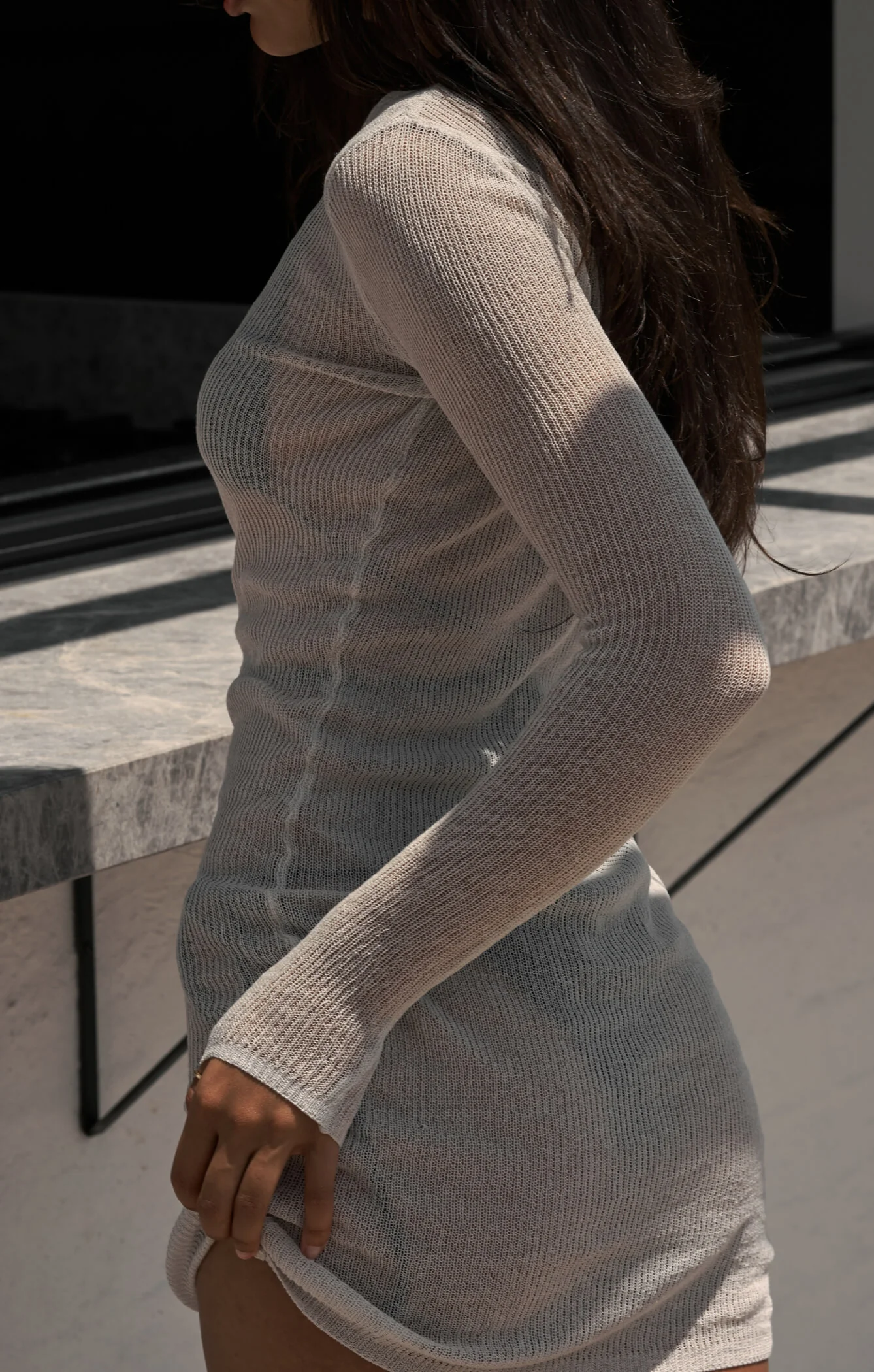 THE KNITTED LONG SLEEVE DRESS - STONE - Image 3