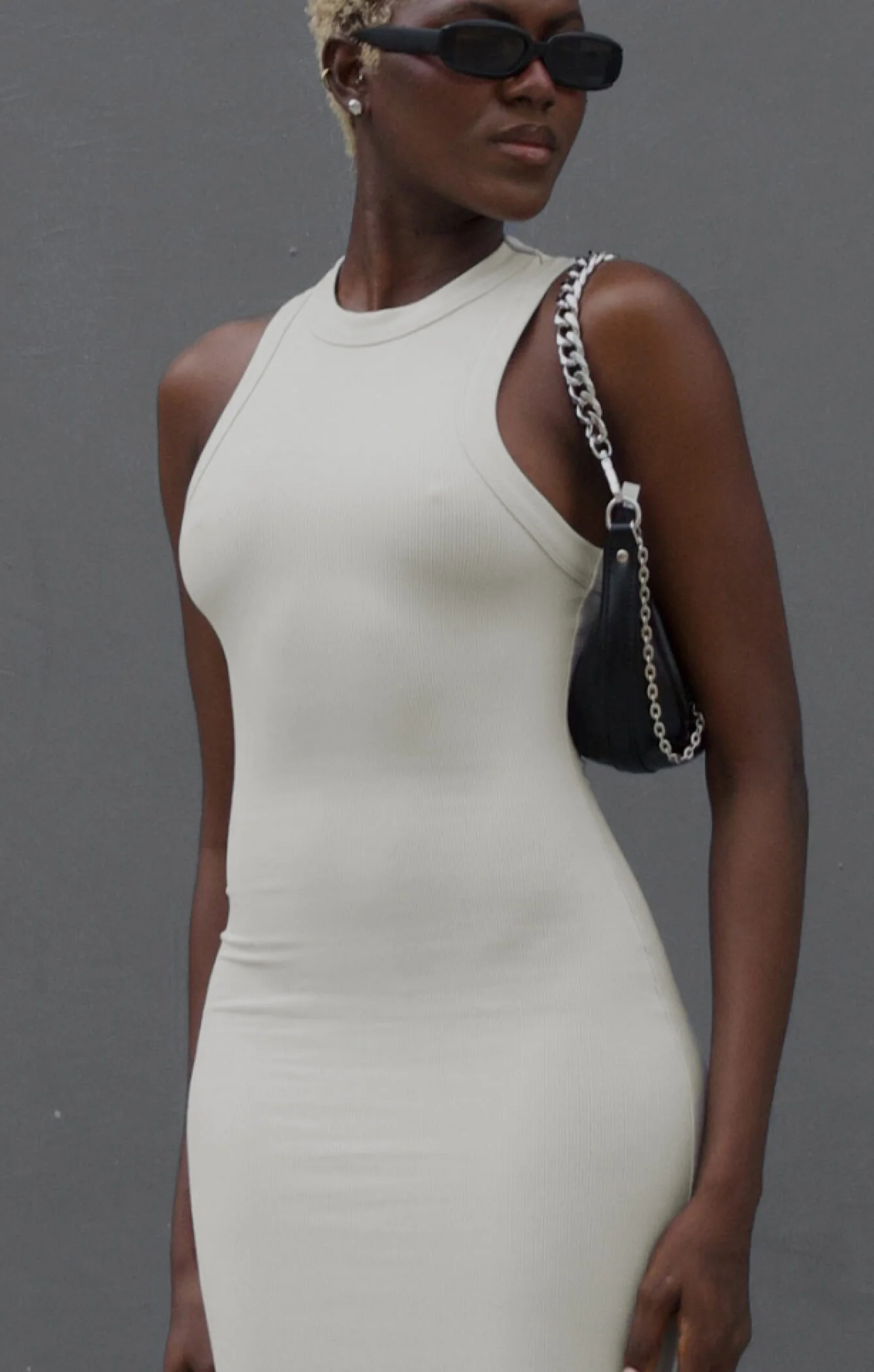 THE LUXE RIB HIGH NECK MIDI DRESS - STONE - Image 2