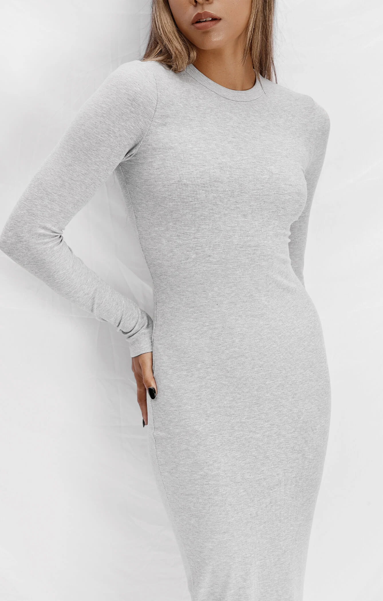 THE LUXE RIB LONG SLEEVE MIDI DRESS - MID GREY - Image 4