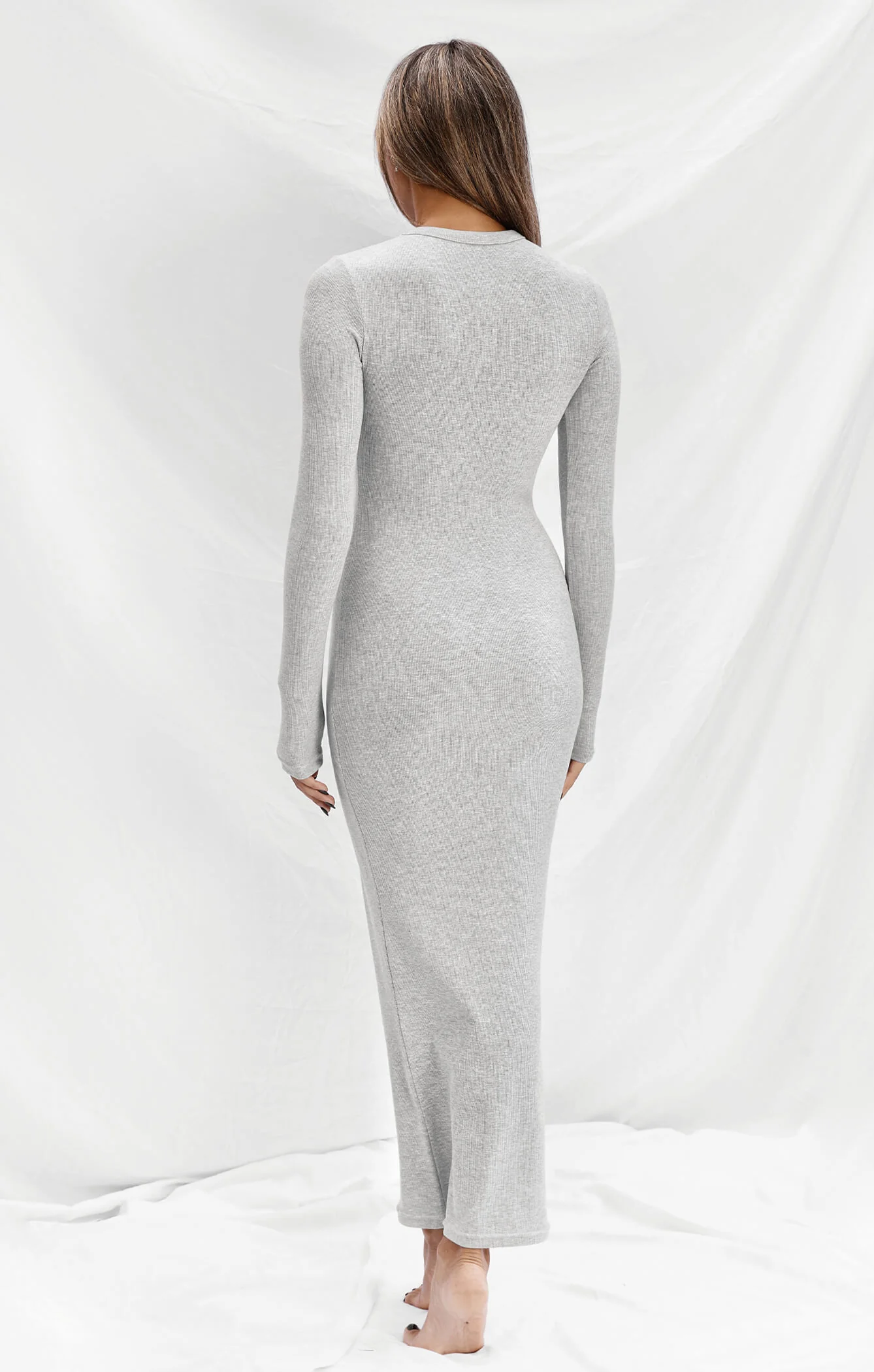 THE LUXE RIB LONG SLEEVE MIDI DRESS - MID GREY - Image 5
