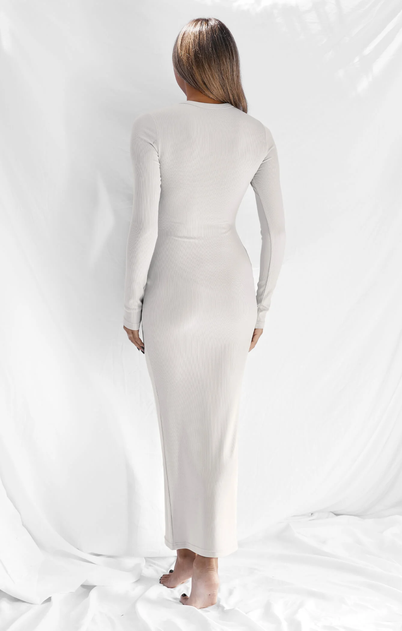 THE LUXE RIB LONG SLEEVE MIDI DRESS - STONE - Image 5