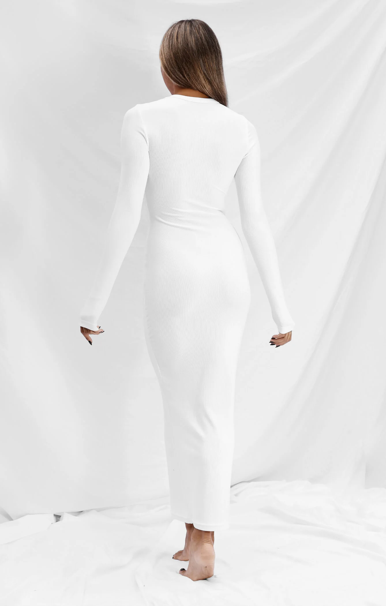 THE LUXE RIB LONG SLEEVE MIDI DRESS - WHITE - Image 5