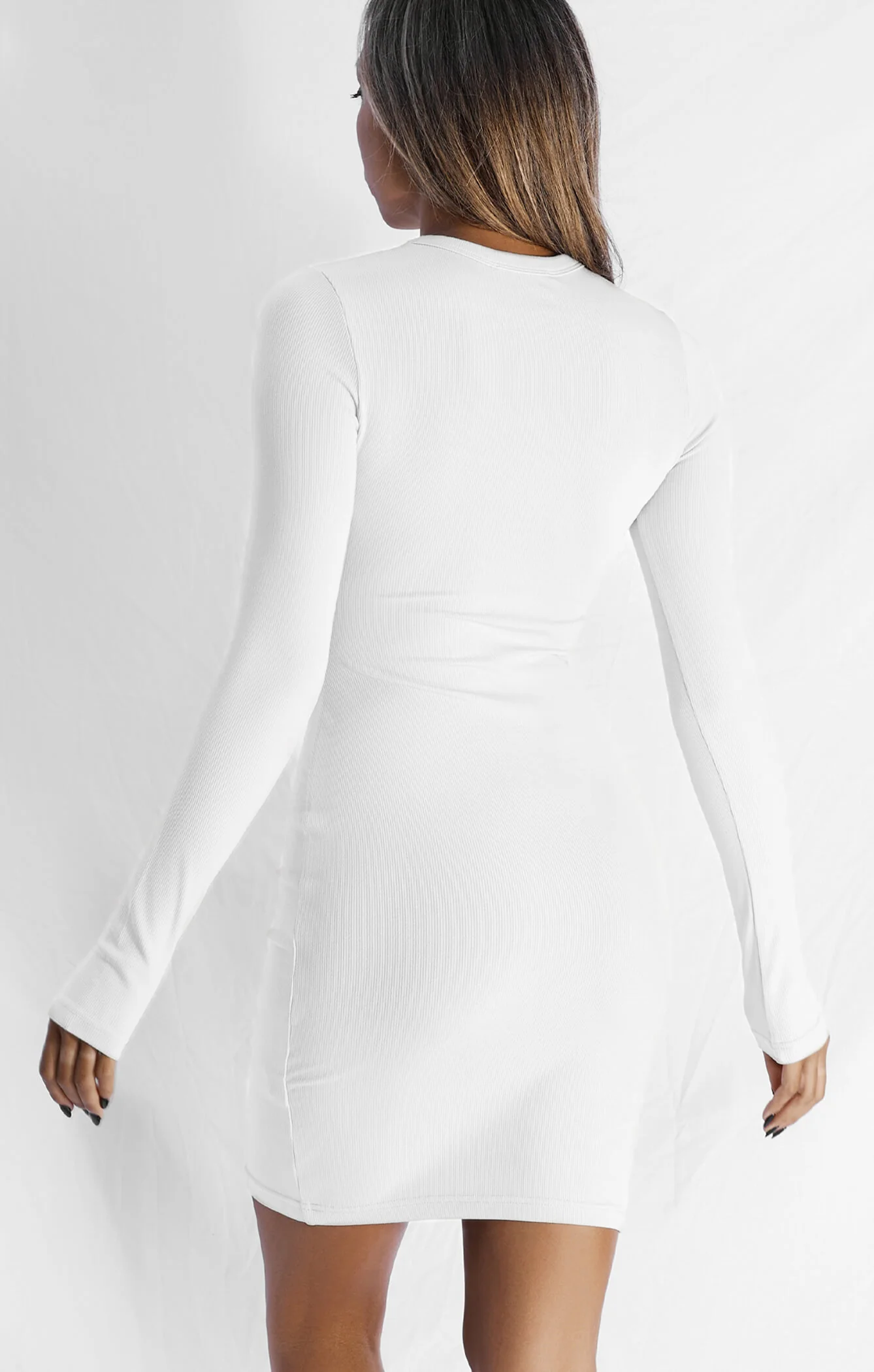 THE LUXE RIB LONG SLEEVE MINI DRESS - WHITE - Image 5